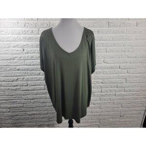 Ana Womens Top 3X Plus Tee Cap Sleeve Green Crochet Shoulder Soft GRE36E